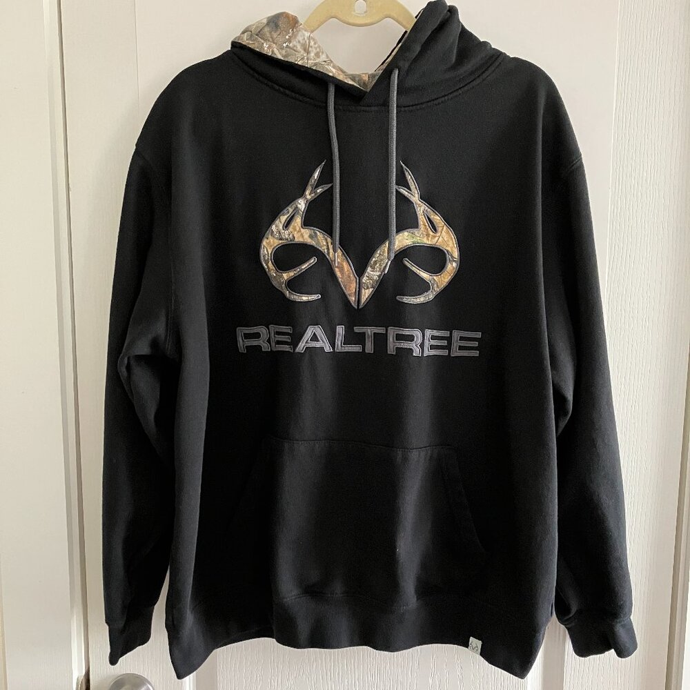 Real Tree XXL Black Hoodie Sweatshirt with Camo Antler & Camo Hoodie and Logo.
